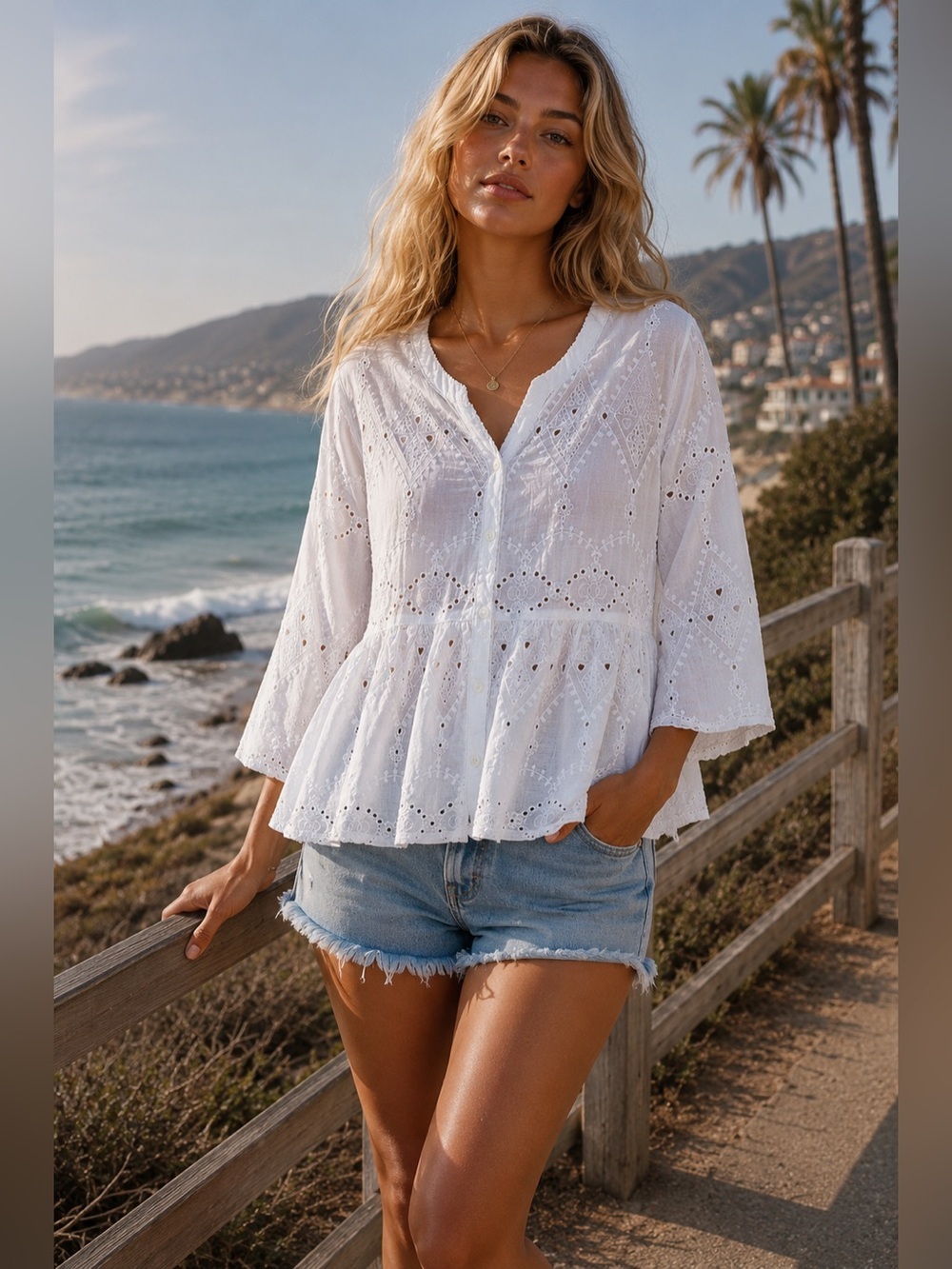 🍒 POL “ Harbor House “ Peplum Eyelet Blouse  | Off White